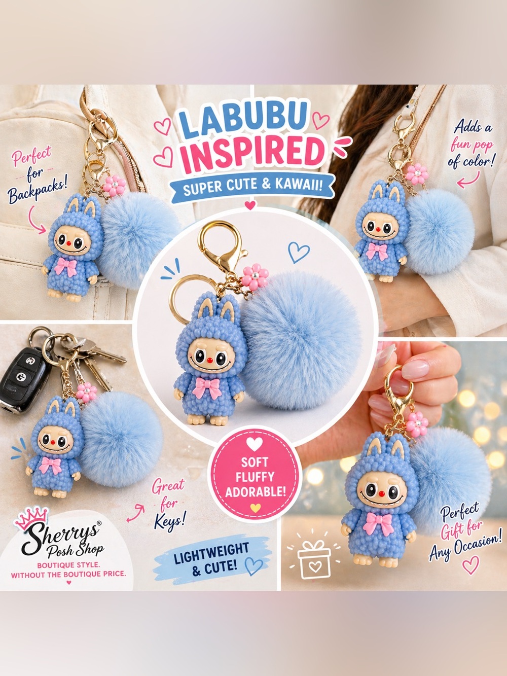 Labubu Inspired Blue Pom Pom Keychain Cute Kawaii Doll Bag Charm